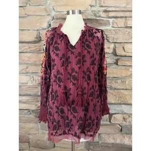 Sundance Gemma Elegance Embroidered Cupro Blouse Tassel Tie Burgundy‎ Medium